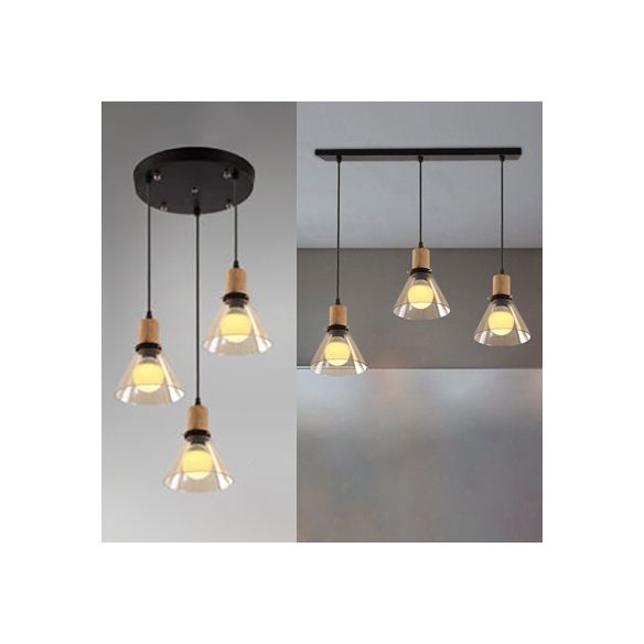 Bois 3-Light Round / linéaire Cauvet multiples suspendus en verre transparent transparent industriel Pendant le salon