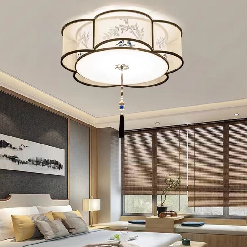 New Chinese Style Ceiling Light Geometry Shape Ceiling Lamp with Fabric Shade for Bedroom