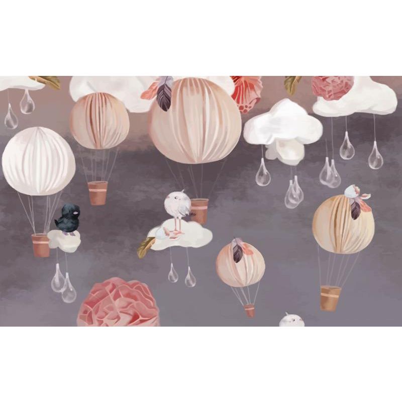 Hot Air Balloon Wallpaper Mural Grey Cartoon Wall Covering for Childrens Bedroom