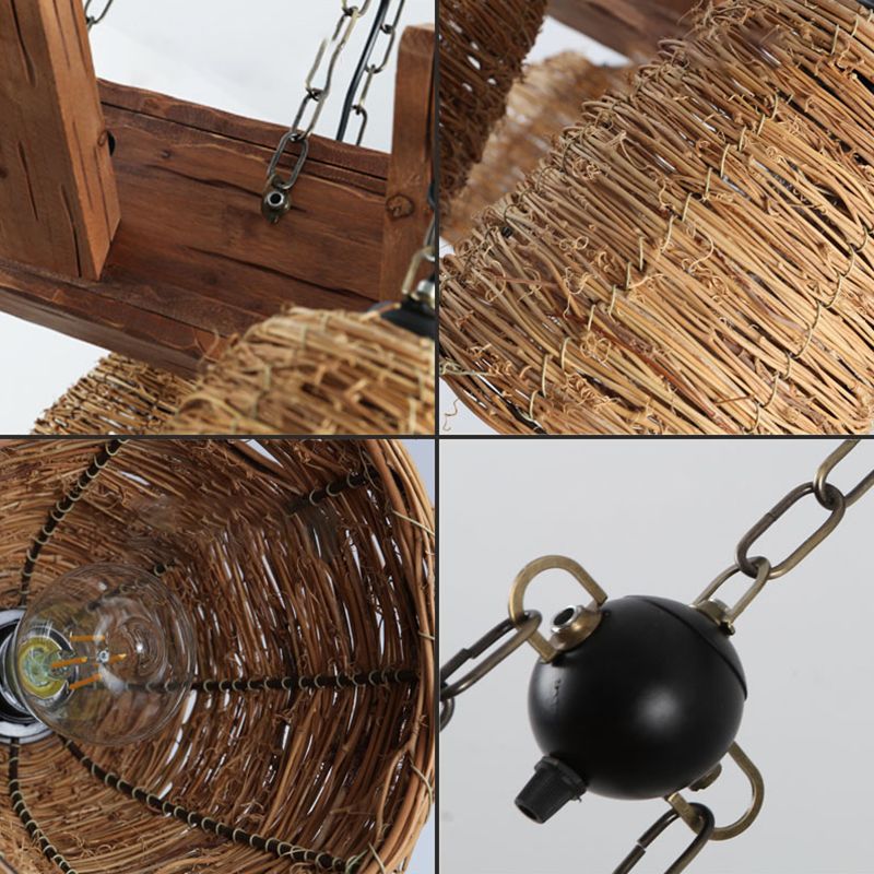 Rattan Wood Pendant Chandelier Bell Shade Industrial Hanging Light Fixture for Dining Room