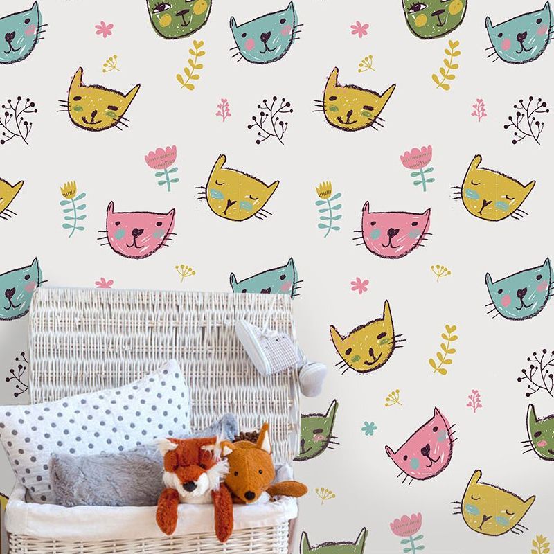 Novelty Cat Head Wallpaper Panels Cartoon PVC Wall Art in Yellow, Peel and Paste