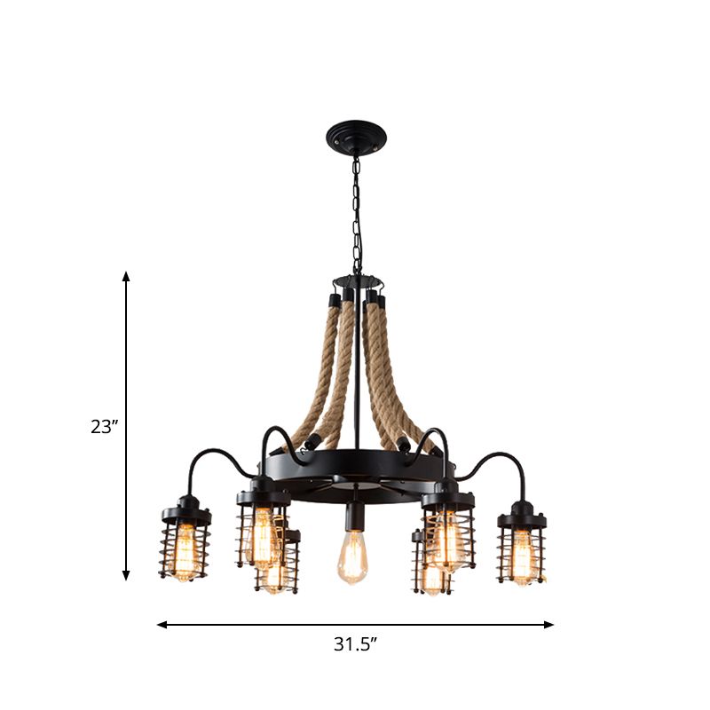 7/9 Heads Metal Ceiling Chandelier Vintage Black Cylinder Cage Rope Suspension Lamp with Wagon Wheel