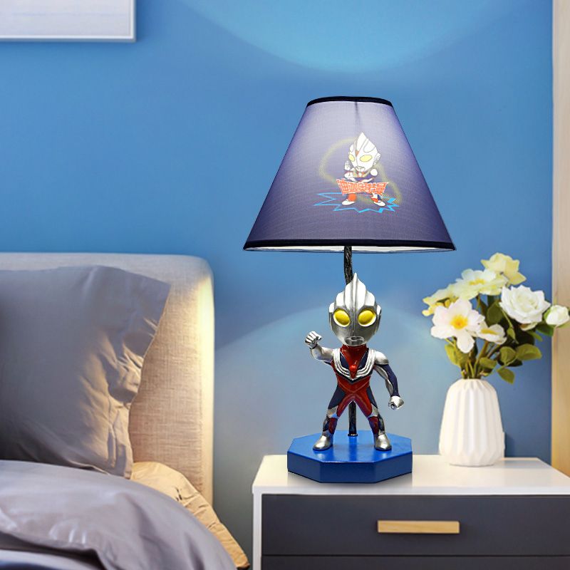 Blue Barrel/Trapezoid Table Lamp Kids 1 Head Fabric Nightstand Lighting with Ultraman Decoration