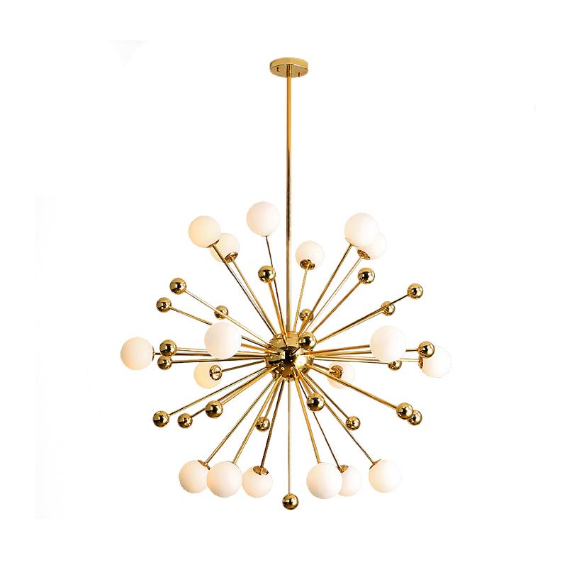 Designer Starburst Metal Chandelier Multi Lights Plafond Gold Plafond Lampe avec une teinte à billes en verre blanche, 23,5 "/31,5" / 39 "de large