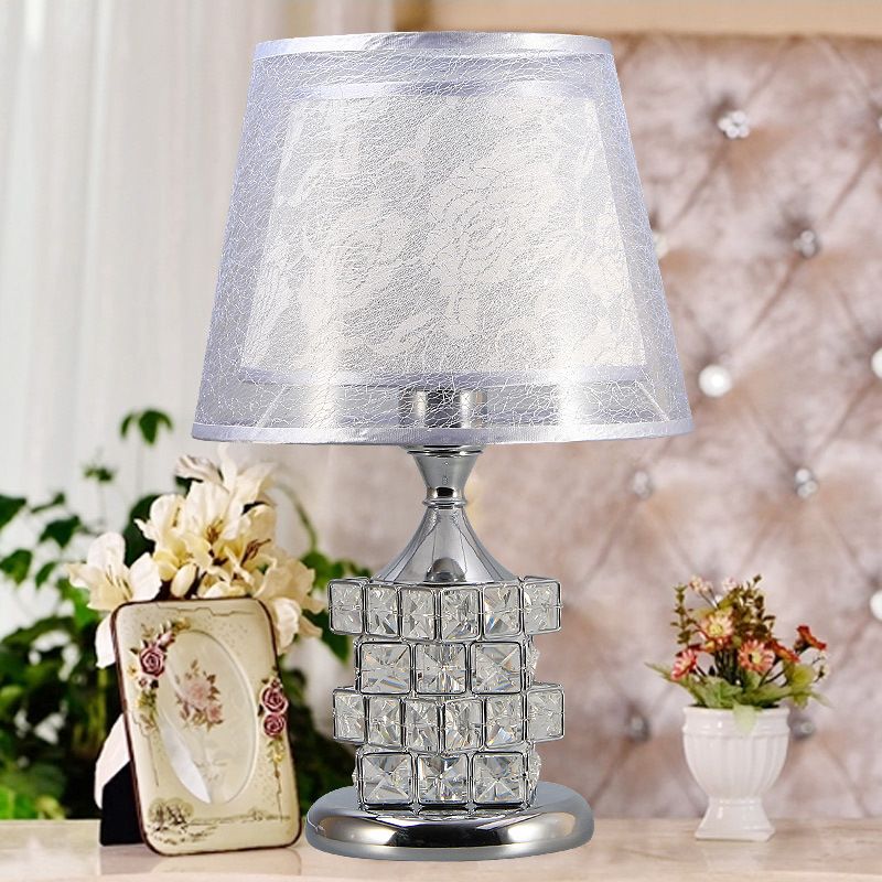 Gold/Silver Floral-Patterned Inner Shade Table Light Traditional Fabric 1 Head Bedchamber Nightstand Lamp with Crystal Blocks Embedded