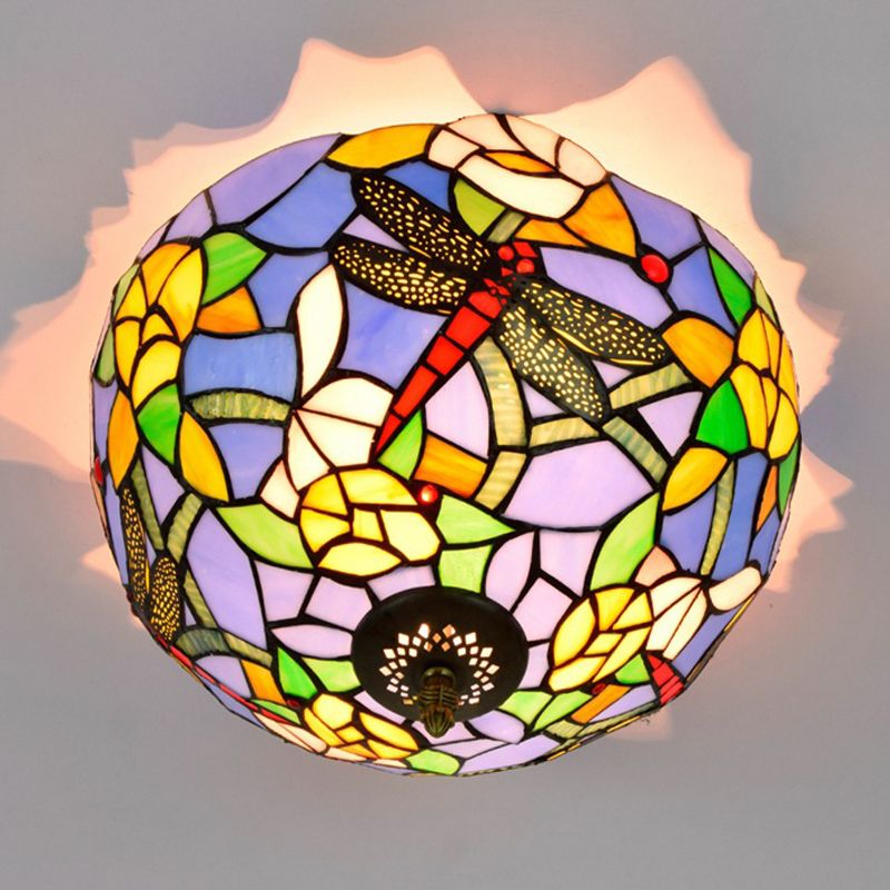 Tiffany Dragonfly Flush Mount Recessed Lighting 2 Bulbs Handcrafted Stained Glass Close to Ceiling Lamp in Brass