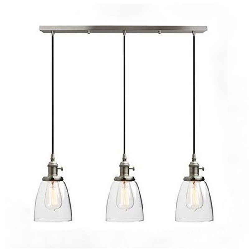 3 Lights Clear Glass Multi Pendant Light Fitting Industrial Chrome Tapered Dining Room Hanging Lamp with Linear Canopy