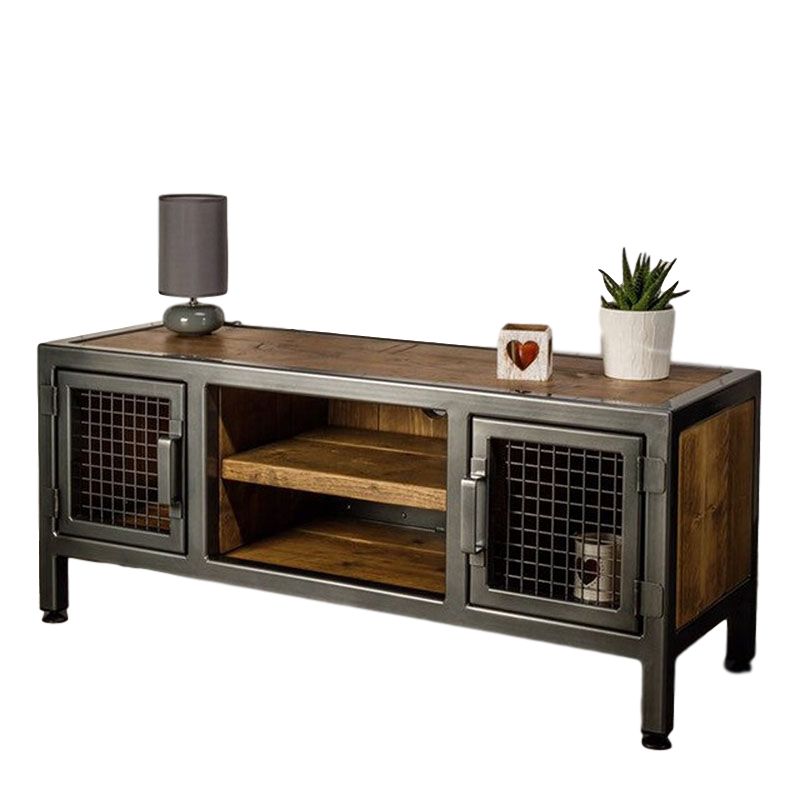 Brown Pine Wood Top TV Media Stand Industrial Media Console with Open Storage