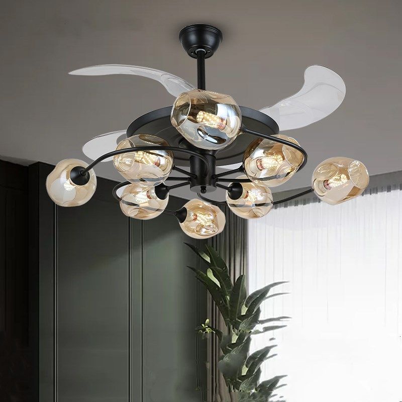 4 Blades Bedroom Hanging Fan Lamp Postmodern Remote Control Semi Flush Mount Light with Cup Glass Shade, 42 Inches Wide