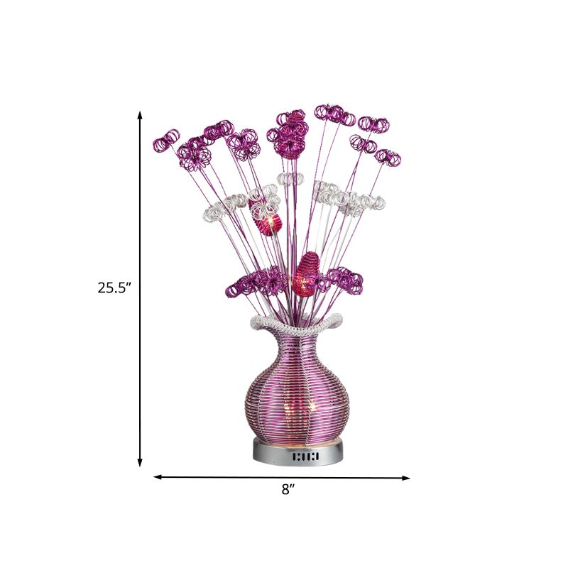 Art Deco Plant and Vase Nightstand Light Aluminum Wire LED Night Table Lamp in Purple