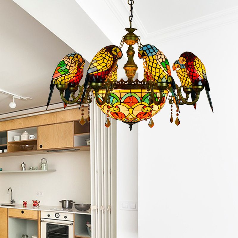 9 Lights Parrot Armed Suspension Light Rustic Stained Glass Chandelier Light in Yellow for Villa