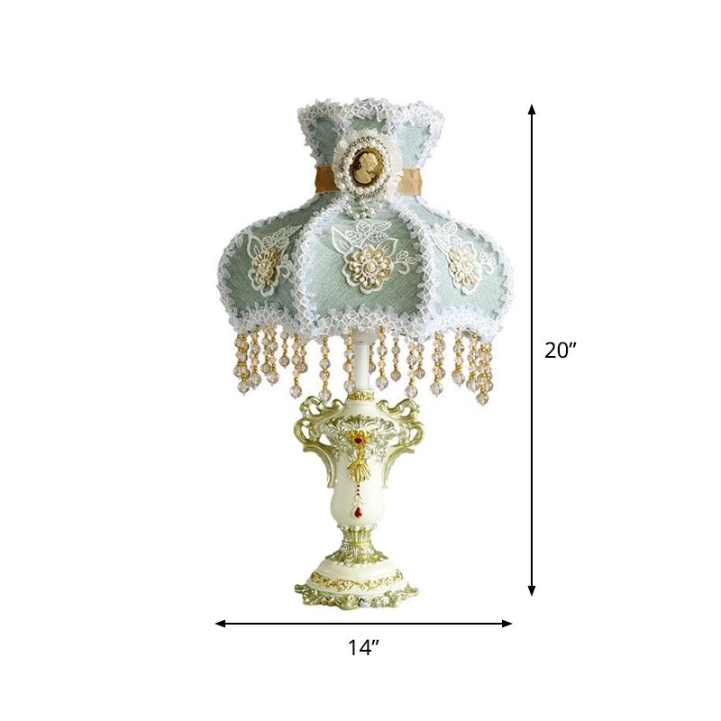 Aqua Scalloped Nightstand Lamp European Court 1 Head Fabric Night Table Light with Bead Decor