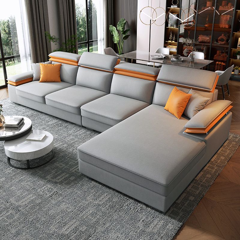 Grey L-Shape Sectional with Pillow Back Cushions Sofa for Living Room