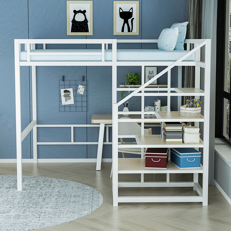 Contemporary Iron Frame Loft Bed with 3 Shelves and Staircase