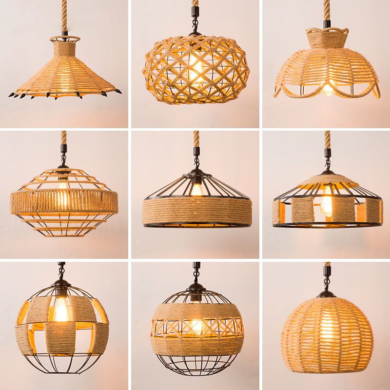 1-Bulb Pendant Lamp Countryside Cage Rope Suspension Light Fixture in Beige