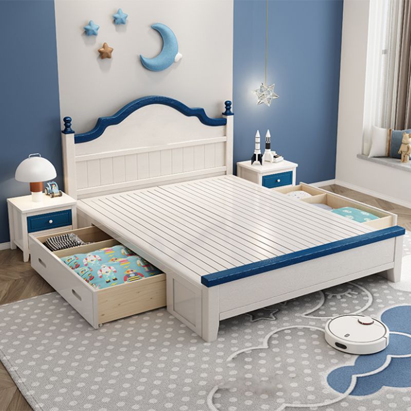 Contemporary Kids Bed White Solid Wood Panel Headboard Mattress with Drawers