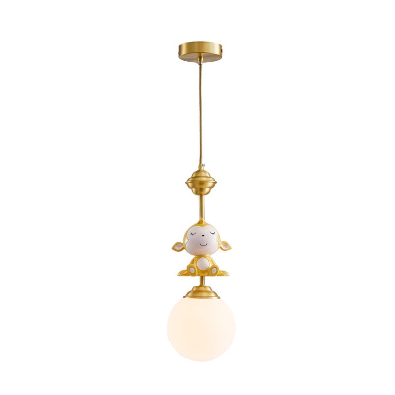 Gold Finish Monkey Pendulum Lamp Cartoon 1 Bulb Resin Suspension Light with Ball Frosted Glass Shade