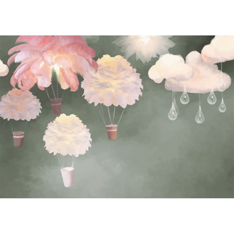 Full-Size Feather Balloon Mural Girls Room Cartoon Wall Decor in Light Pink, Washable