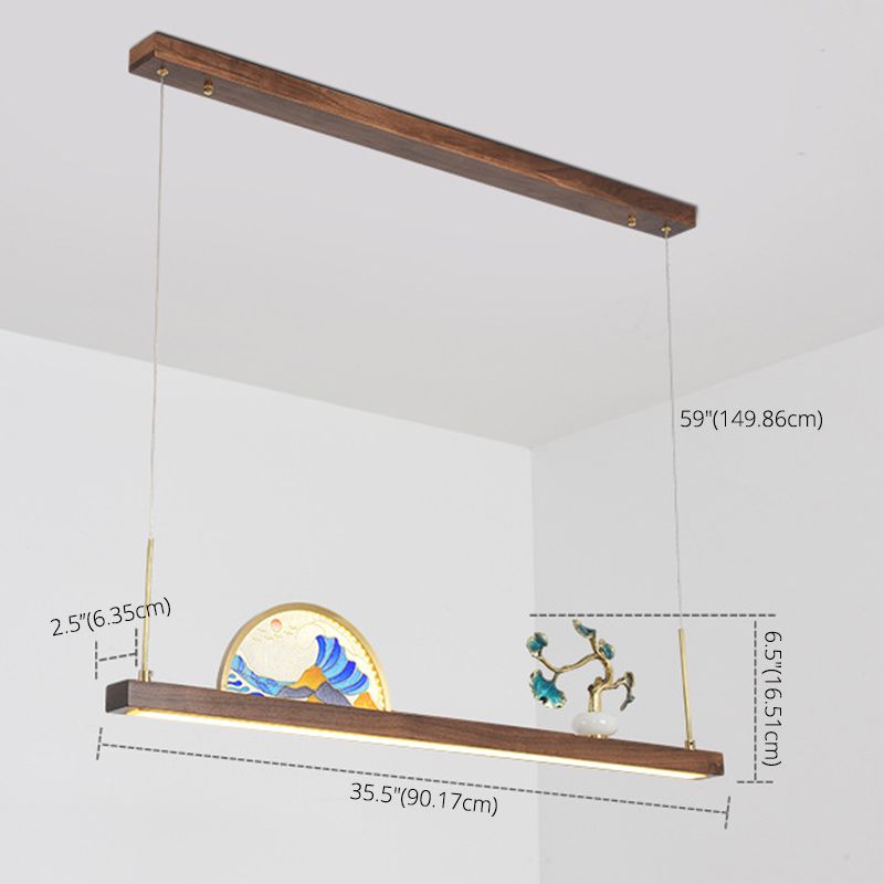 Dark Wood Linear Island Light Artistic Modern LED Suspension Light for Study Room