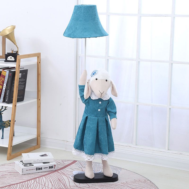 Cartoon Sheep Lady Floor Lighting Fabric 1 Light living Room Reading Floor Lamp with Bell Shade in Blue