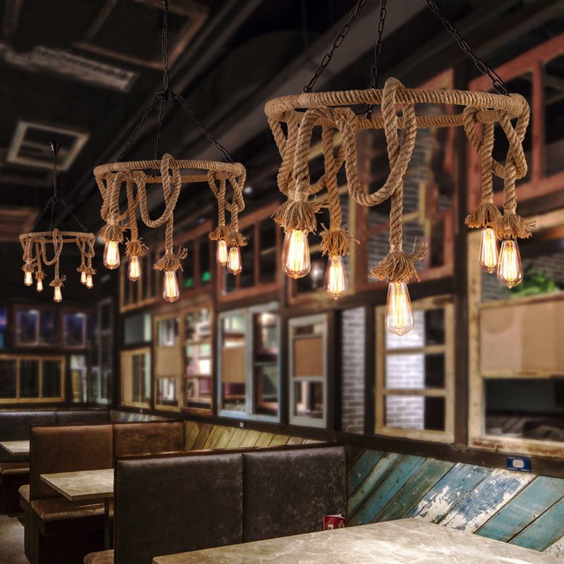 Hemp Rope Brown Pendant Chandelier Bare Bulb 6 Lights Countryside Ceiling Light for Restaurant