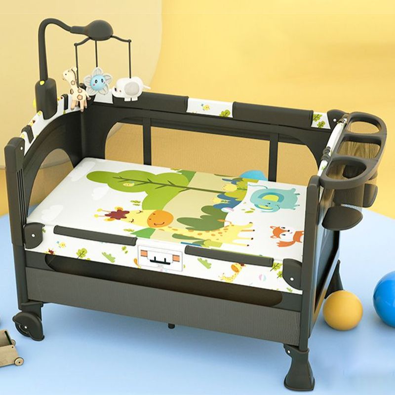 2-in-1 Folding Crib in Black Plastic Crib with Casters and Mattress