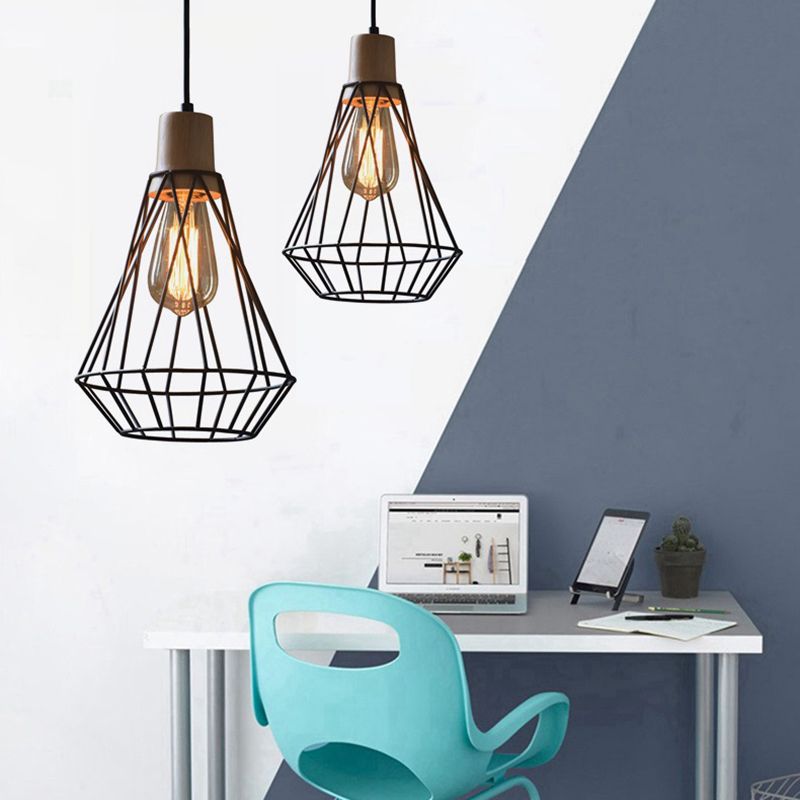 12"/13" H 1-Light Pendant Light Fixture Modern Geometric Wire Cage Iron Pendant Lamp with Wooden Top in Black for Bedroom