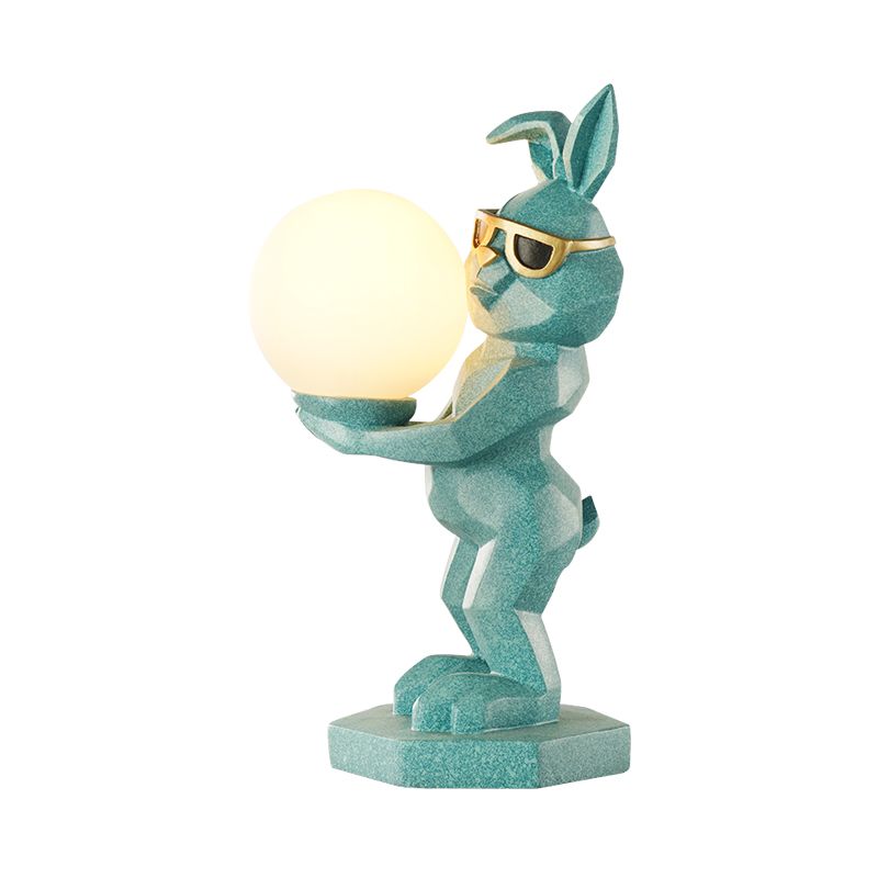 Cartoon Dog/Rabbit/Unicorn Night Light Resin LED Bedroom Table Lamp in Pink/Black/Grey with Globe Opal Glass Shade