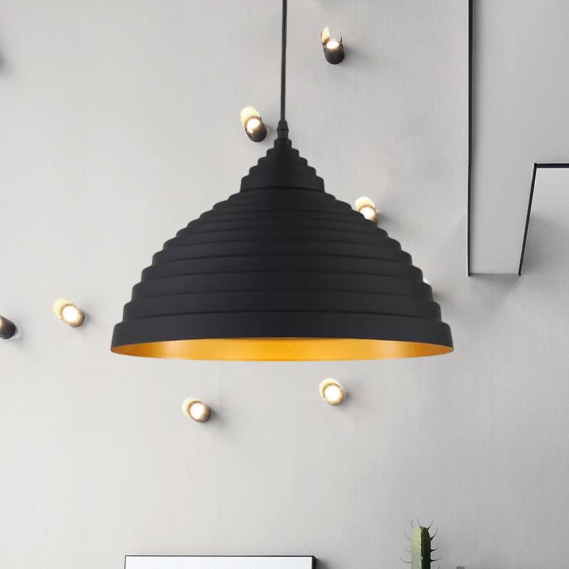 Ridged Dome Aluminum Pendant Lighting Retro 1 Bulb Coffee Shop Ceiling Light with Adjustable Cord in Black