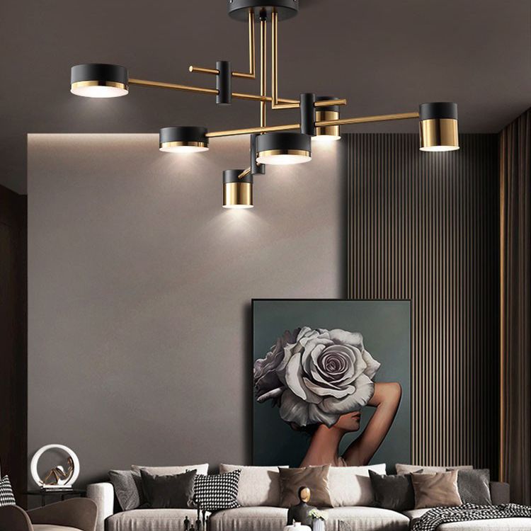 Modern Metal Radial Hanging Chandelier Light Drum Shade LED Suspension Light  in Black for Living Room