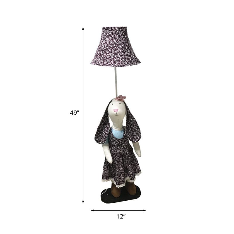 Printed Fabric Rabbit Standing Floor Light Cartoon Style Single Purple Stand Up Lamp with Shade