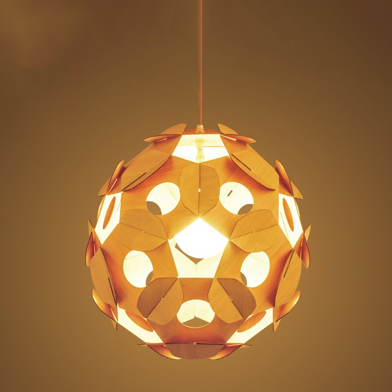 1 Bulb Restaurant Ceiling Lamp Modernism Beige Hanging Light Fixture with Ball Wood Shade