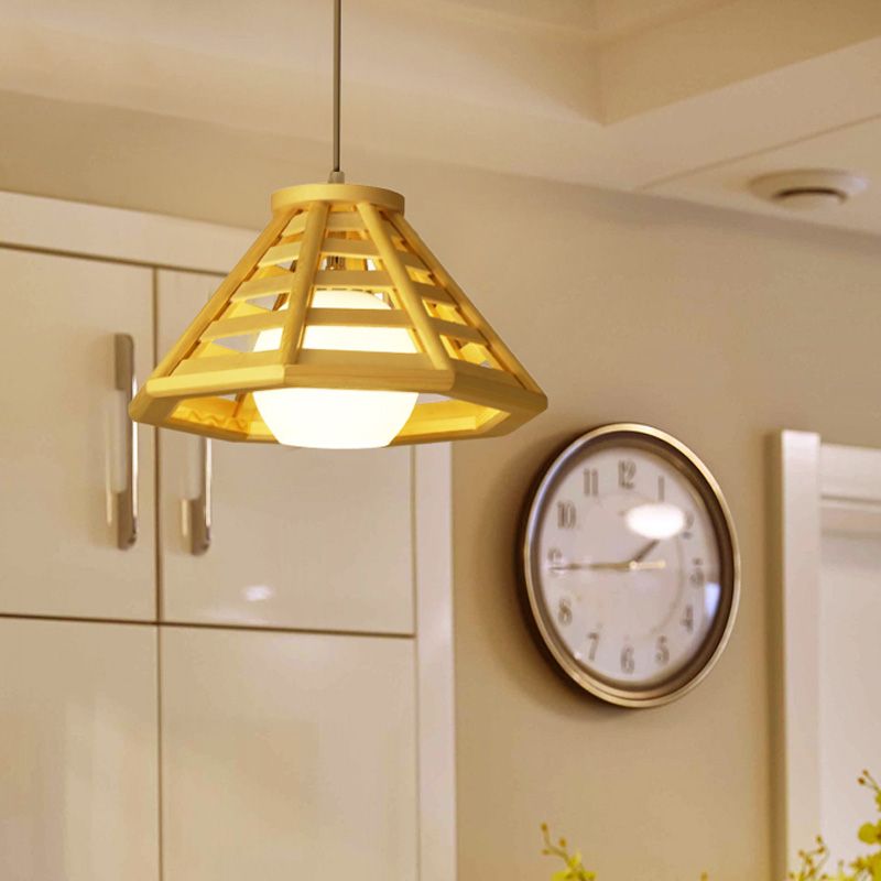 Asia Mini Globe Pendant Light Avory Open Glass 1 Testa Accensione del tavolo da pranzo Accensione con gabbia in legno affusolato in beige