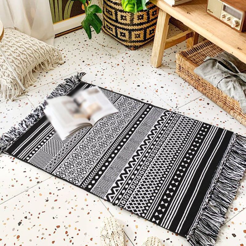 Bohemian Black Ameicana Pattern Rug Funky Cotton Blend Area Rug Fringe Carpet for Bedroom