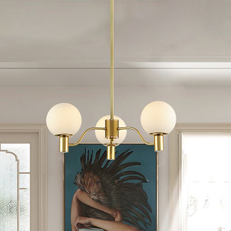 Radial White Glass Chandelier Lamp Post-Modern 3/6/8 Lights Gold Hanging Light Fixture with Ball Shade