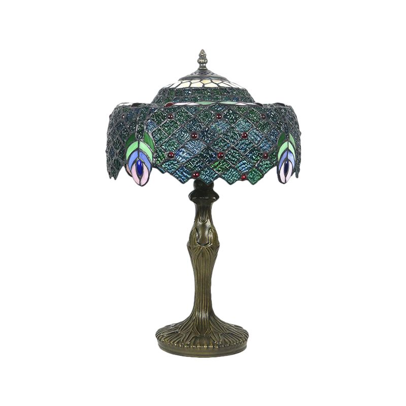 1 Bulb Night Table Lamp Baroque Drum Cut Glass Nightstand Light in Blue with Peacock Feather Pattern