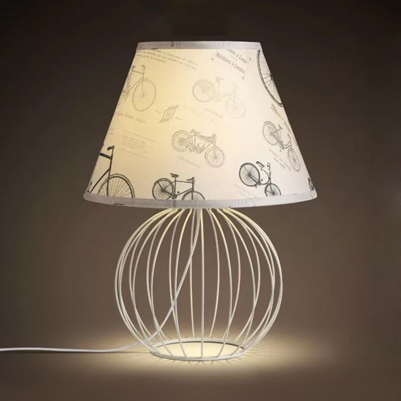 White 1-Light Desk Lamp Traditionalist Fabric Night Table Light with Spherical Wire Cage Base