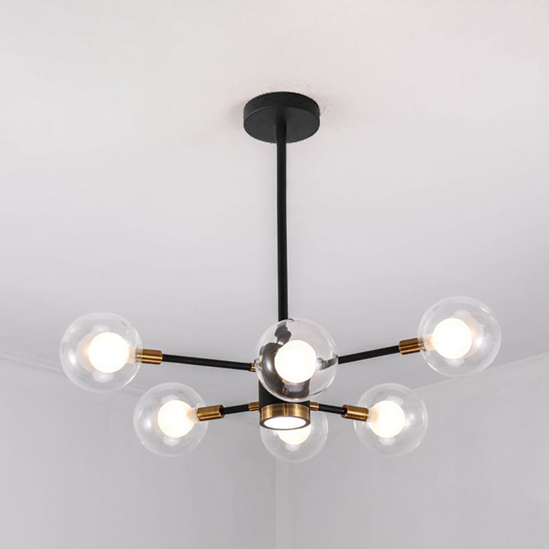 Modern Metal Radial Hanging Chandelier Light Spherical Clear Glass Shade Suspension Light  in Black