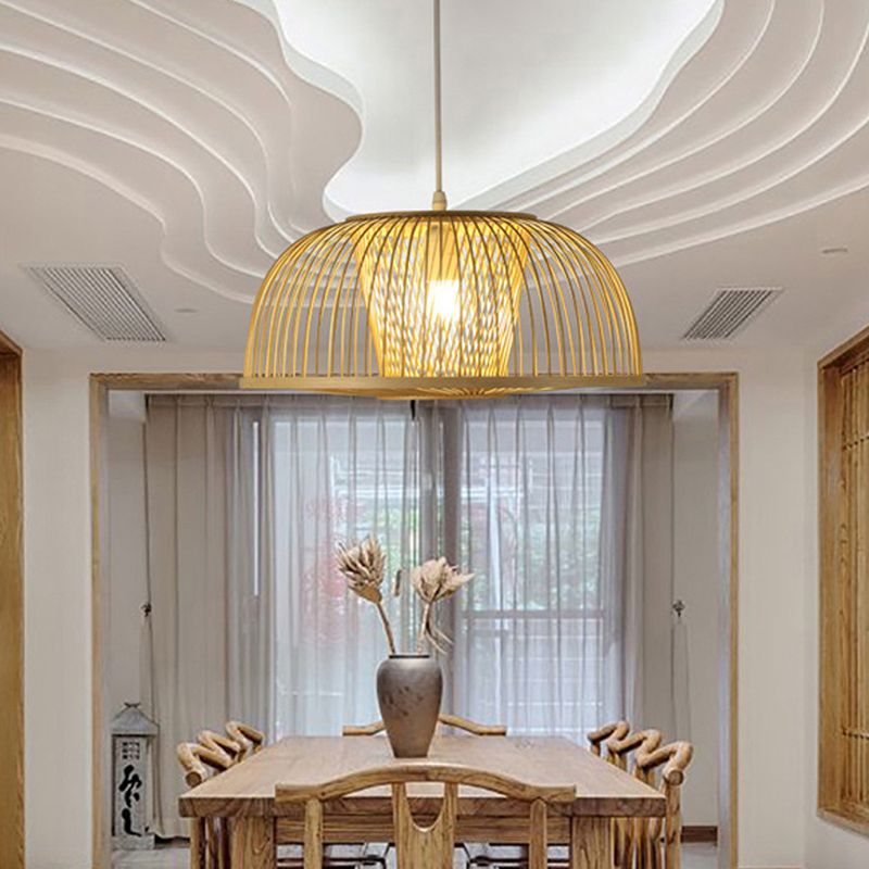 Domed Dining Room Suspension Pendant Bamboo 1 Light Modern Hanging Light Kit in Beige