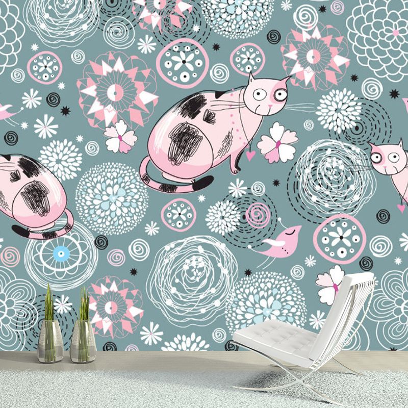 Stain-Resistant Murals Wallpaper Childrens Art Non-Woven Material Wall Decor with Cat and Flower Pattern