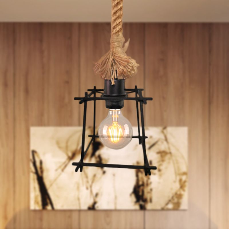 Metal Trapezoid Cage Ceiling Light Retro Style 1 Bulb Black Pendant Lamp with Adjustable Rope for Living Room