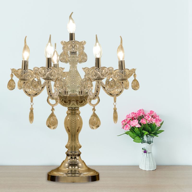 Candelabra Bedroom Table Light Traditional Clear Crystal 5/6/7 Heads Chrome Night Stand Lamp