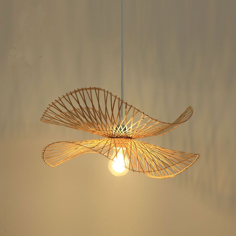 Single Hallway Ceiling Suspension Lamp Minimalist Wood Pendant with Ruffle Bamboo Shade