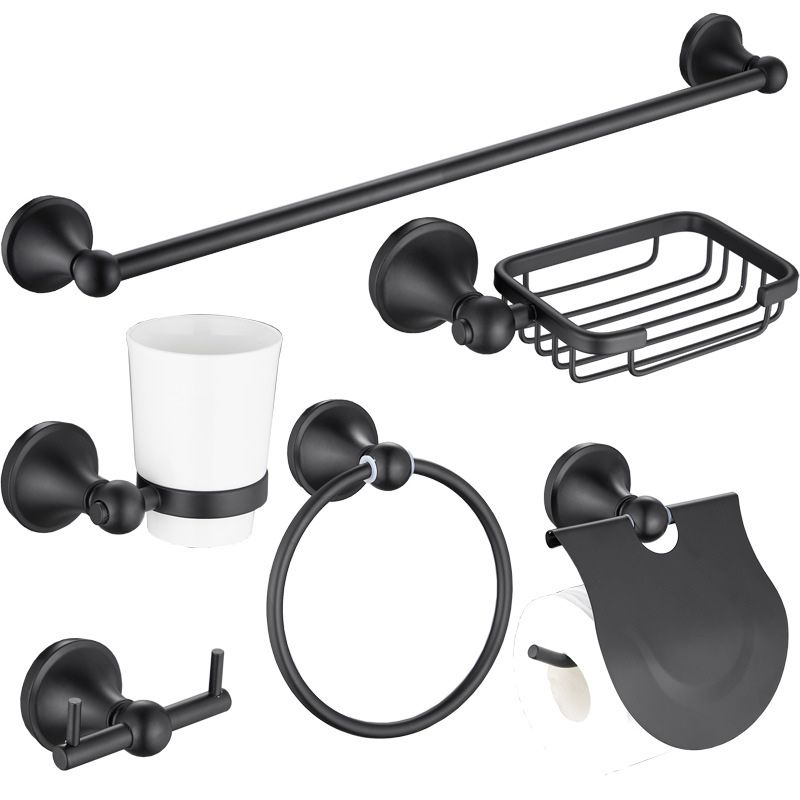 6-Piece Modern Bath Hardware Set in Stainless Steel Matte Black Robe Hooks/Towel Ring Bar