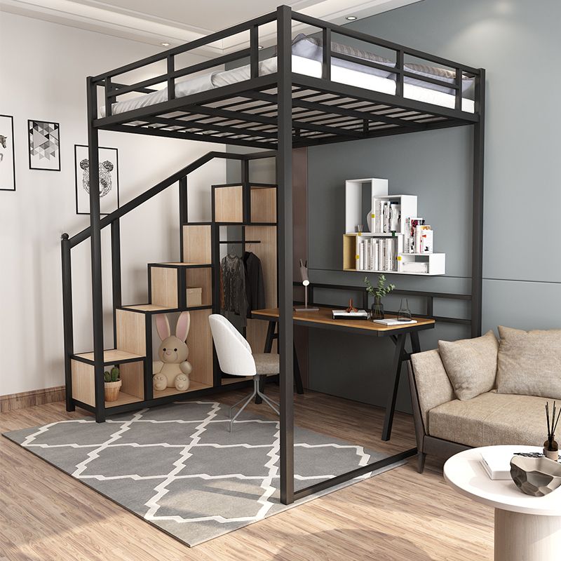 Metal Loft Bed Natural Storage Kids Bed with Guardrails and Shelves