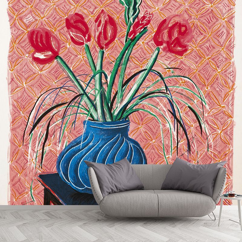 Large Amaryllis in Vase Murals for Bedroom Still Life Wall Art in Pink-Blue-Green, Washable