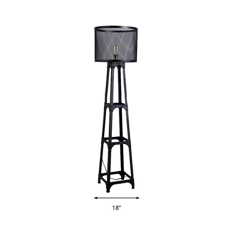 1 Head Mesh Screen Standing Light with Drum Shade Retro Industrial Black Finish Metal Standing Floor Light