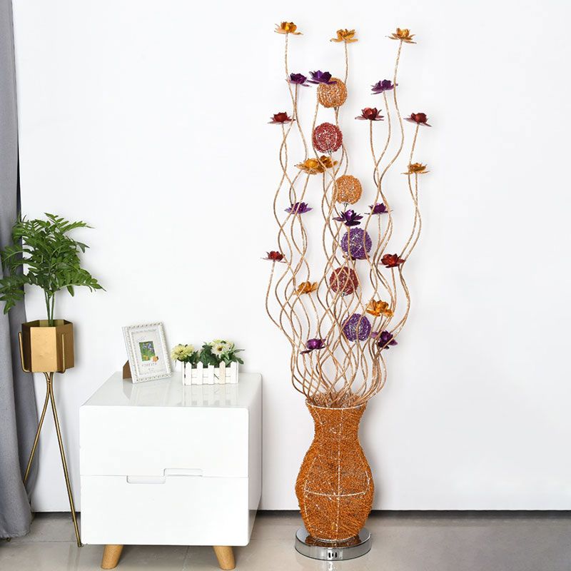 Curved Stick Aluminum Floral Floor Light Decorative Living Room LED Stand Up Lamp with Vase Base in Gold