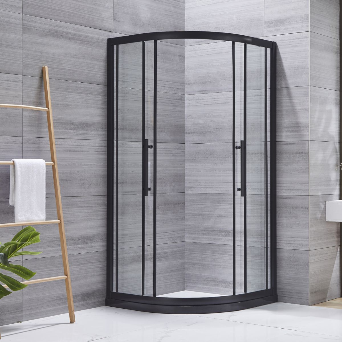 Neo-round Double Sliding Shower Enclosure Black Frame Shower Kit