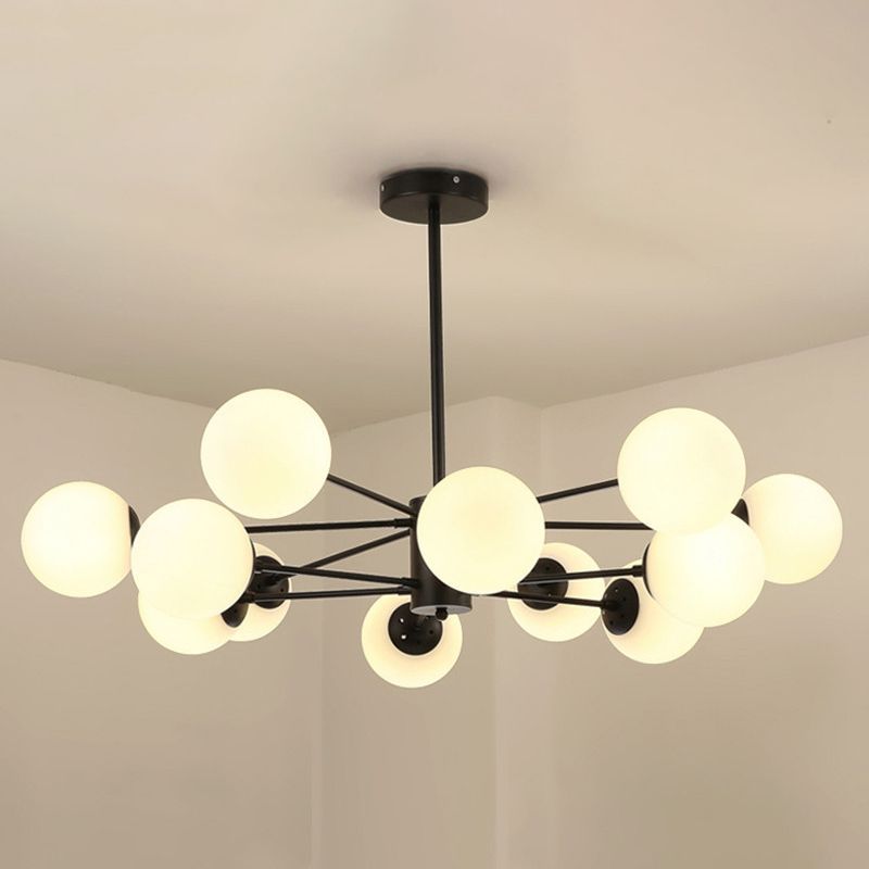 Opal Glass Orb Chandelier Multi Lights Nordic Style Pendant Light in Black for Dining Room